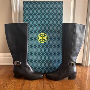 Tory Burch Black Marsden Calf Leather Boots with Gold Buckle NEW with box